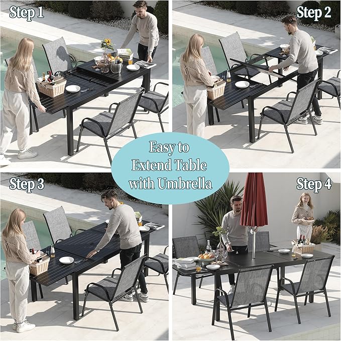 Outdoor Expandable Dining Table 71"-106" Aluminum Patio Dinner Table for 8-10 Person, Rectangular Metal Collapsible Tables with Umbrella Hole, Patio Tables with Extendable Top for Garden, Backyard