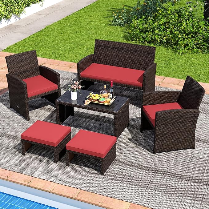 Tangkula 2 Pieces Patio PE Rattan Ottomans, Multipurpose Outdoor Footstool Footrest Additional Seating Side Table with Soft Zippered Cushions for Deck, Garden, Poolside and Yard (Red)