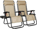 Yaheetech Zero Gravity Recliners Outdoor Adjustable Folding Reclining Lounge Chairs w/Pillows, Cup Holder Trays and Carry Strap for Patio Backyard Beach Beige Set of 2