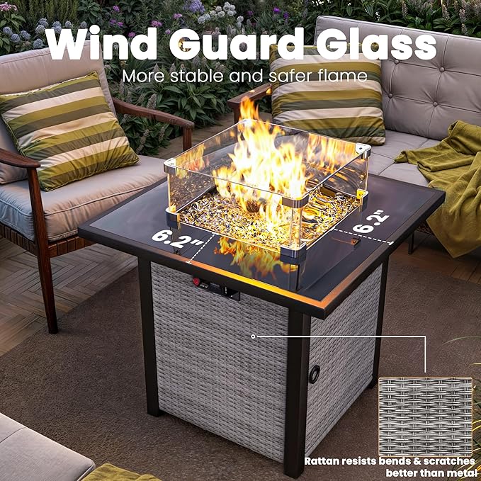 9 Piece Outdoor Patio Furniture Set with 28'' Fire Pit Table, Outdoor Sectional Furniture, Rattan & Wicker Modern Modular Conversation Set Sofa Couch W/Water Resistant Washable Thick Cushions, Blue