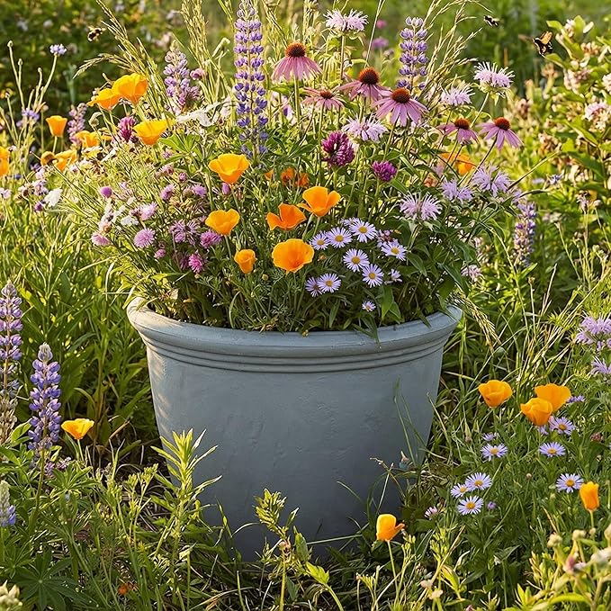 Sunnydaze 24-Inch Anjelica Large Plastic Pot for Plants - Outdoor Double-Walled Large Plastic Planter with Drillable Drainage Holes - Light Gray