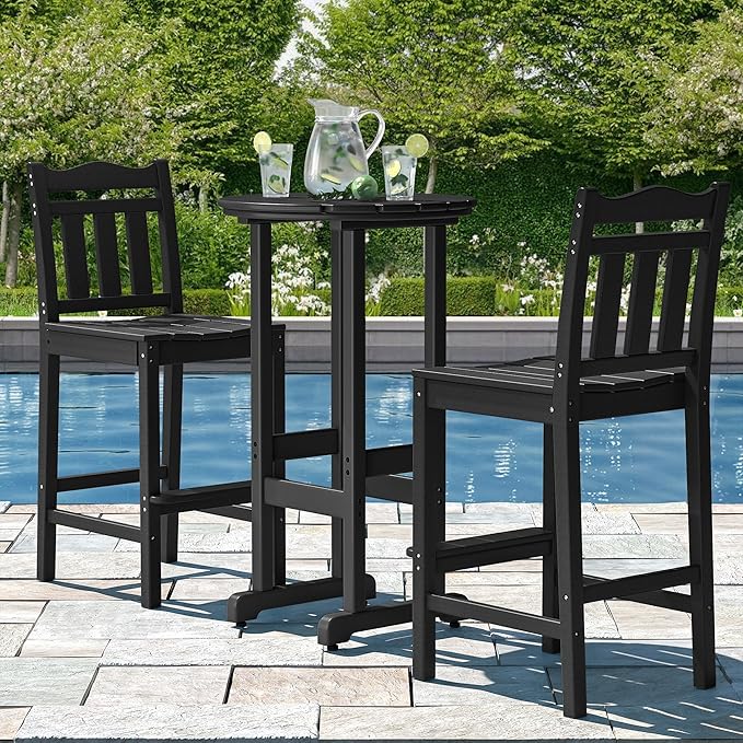 nalone Outdoor Bar Stools Set of 2, HDPE 44 Inch Tall Adirondack Chairs Bar Chairs, Weather Resistance Bar Height Chair for Balcony, Garden, Yard, Backyard (Black, Bar Chairs Set of 2)
