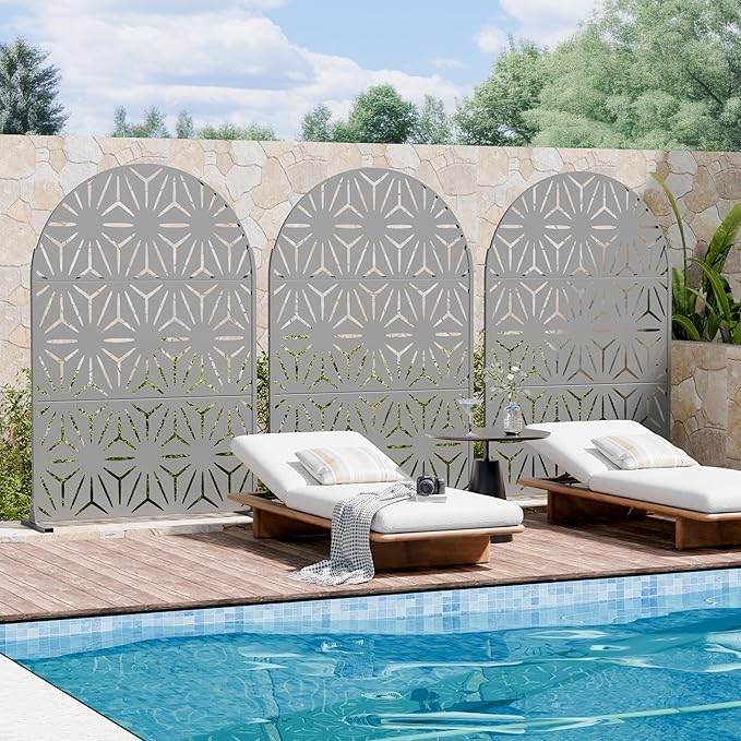 Casaphoria Metal Privacy Screen Outdoor, 72" H x 47" W Arched Freestanding Decorative Privacy Screen for Patio Deck Balcony Garden with Stable Base,Grey-Star