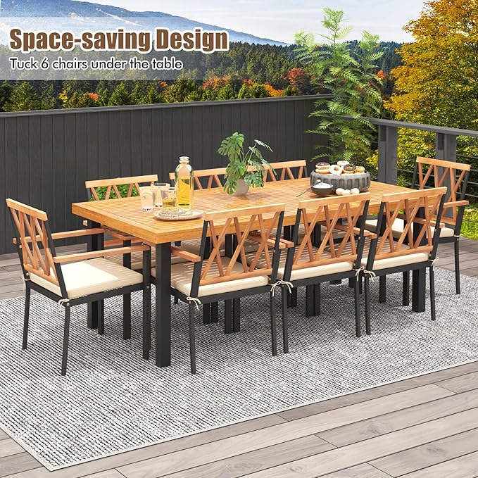 Tangkula 9 Pieces Patio Dining Set, Outdoor Acacia Wood Table and Chairs with Soft Cushions and 1.9” Umbrella Hole, Outdoor Patio Furniture Set for Garden, and Backyard