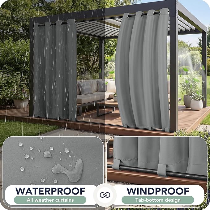 Outdoor Curtains for Patio Waterproof 6 Panels - Windproof, Privacy, Weatherproof Outside Drapes for Gazebo Pergola Porch, Grommet Top and Tab Bottom, 54x120 Inch, Grey