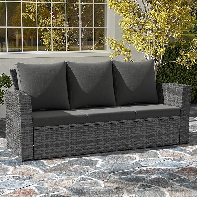 Wisteria Lane All Weather Wicker Patio Couch, 3 Seats Patio Sofa with Thick Cushions, Outdoor Furniture Couch with High Back, Outdoor Patio Sofa for Garden, Backyard, Porch, Black