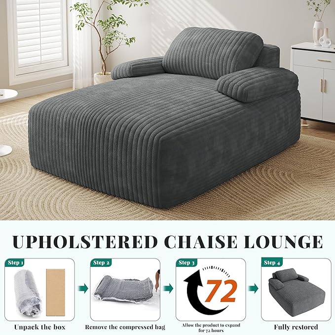 YITAHOME 67"L x 48"W Chaise Lounge Chair Indoor, Oversized Corduroy Upholstered Boneless Sofa Bed, Deep-Seat Sleeper Couch, Reading Chair, Cloud Sofa Couch for Living Room, No Assembly Required, Grey