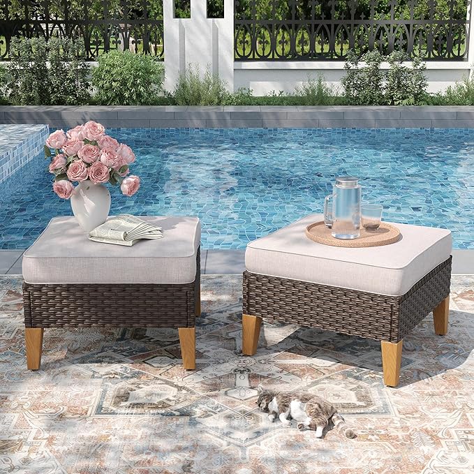 PHI VILLA 2 Pieces Patio Ottoman, All Weather Rattan Wicker Ottoman Seat, Outdoor Footstool Footrest Seat with Cushions, Beige