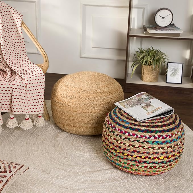 REDEARTH · Round Pouf Ottoman - Braided Boho Poof Home Décor Pouffe Accent Sitting Circular Foot Rest for Living Room, Bedroom, Nursery, Kidsroom, Lounge; Jute and Cotton (19.5"X19.5"X14"; Multi)