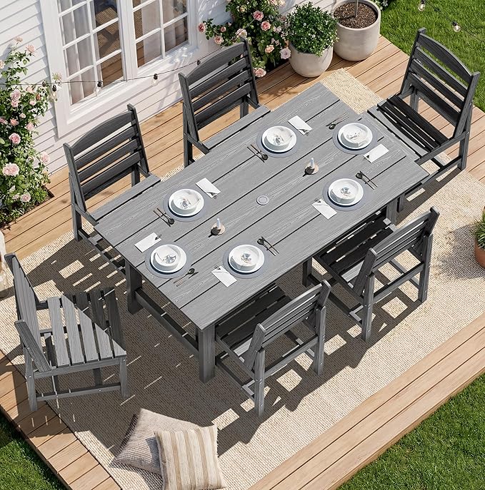 SERWALL Patio Dining Sets for 6 Person, HDPE Dining Set with 6 Armless Chairs, Gray