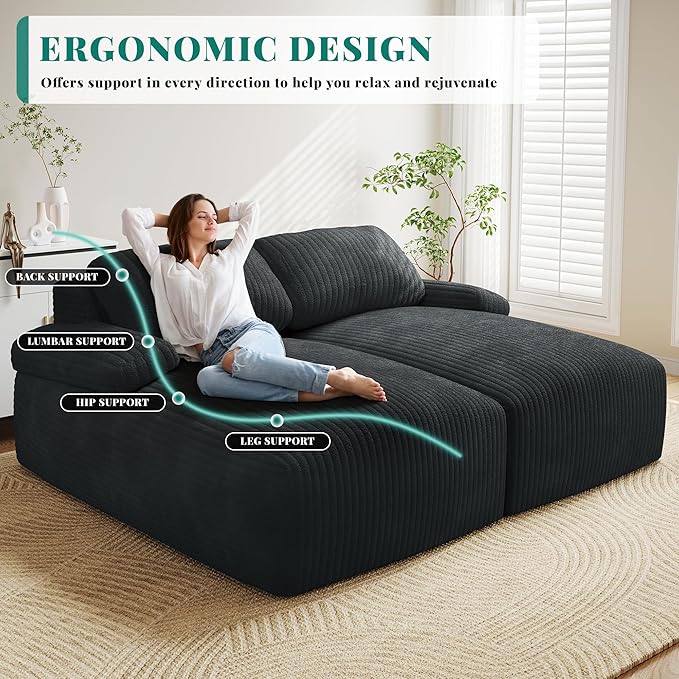 YITAHOME 80" Oversized Double Chaise Lounge, Upholstered Cloud Sofa with Deep Seat & 2 Pillows, Corduroy Loveseat Sleeper Couch with Thick-Density Foam for Living Room, Home Office, No Assembly, Black