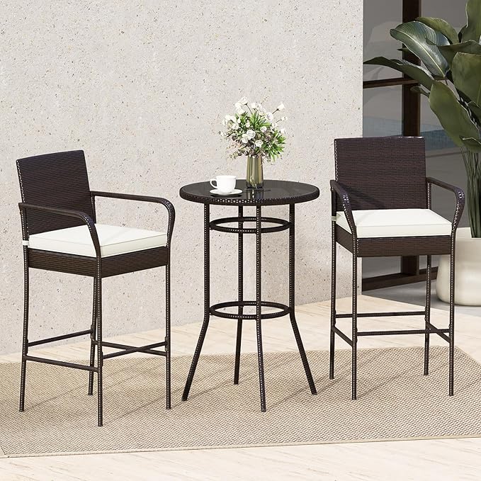 Tangkula 3 Piece Outdoor Bar Set, Patio Rattan Heavy Duty Bar Height Glass Top Table & Chairs w/ 2 Cushioned Barstools, for Porch, Yard, Poolside