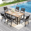 PHI VILLA 7 Pieces Outdoor Patio Dining Set for 6, 65”Rectangular Wood-Like Brown Metal Steel Table with Umbrella Hole & Stackable Wrought Iron Chairs, Outside Furniture Set for Deck, Porch, Backyard
