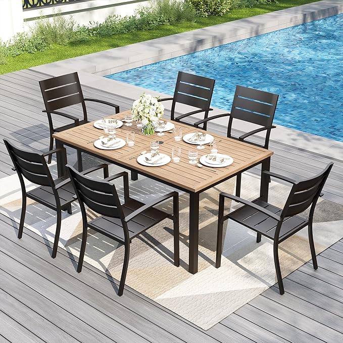 PHI VILLA 7 Pieces Outdoor Patio Dining Set for 6, 65”Rectangular Wood-Like Brown Metal Steel Table with Umbrella Hole & Stackable Wrought Iron Chairs, Outside Furniture Set for Deck, Porch, Backyard