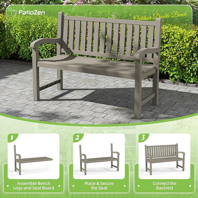Outdoor Bench, Waterproof & Weatherproof Garden Bench with Ergonomic Design, 2-Person Resin Bench for Porch, Deck, Patio, Outdoor, Garden & Park(Grey)