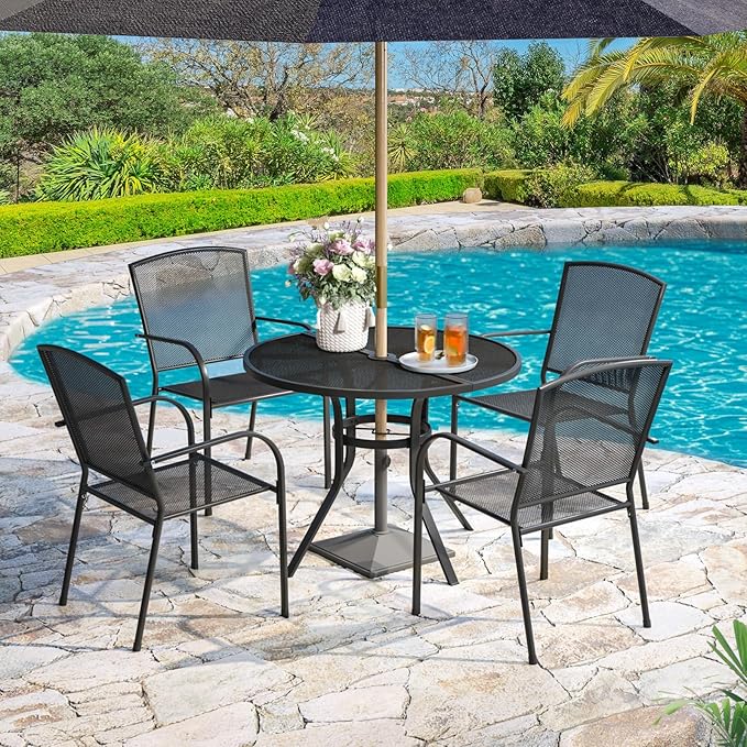 AECOJOY Outdoor Patio Dinning Table for 4, 37" Round Metal Patio Tables with 1.7" Umbrella Hole, Weather-Resistant Outside Table for Lawn Backyard Garden Porch Bistro Poolside Deck Dark Grey