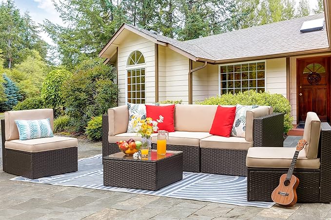 Vongrasig 6 Pieces Outdoor Patio Furniture Set, PE Wicker Rattan Sectional Sofa Small Patio Conversation Sets with Coffee Table for Garden, Backyard, Poolside (Beige)