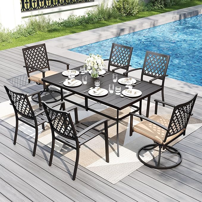PHI VILLA 7 Pieces Outdoor Dining Set for 6, 59" Rectangle Wrought Iron Table with Umbrella Hole & Swivel Fixed Chairs with Cushions, Modern Metal Furniture for Patio, Deck, Yard, Porch