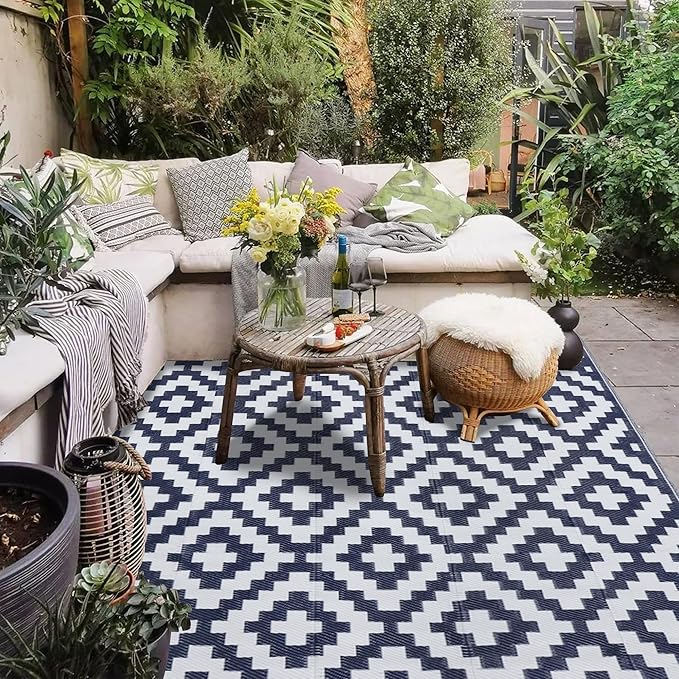 SAND MINE Reversible Mats, Plastic Straw Rug, Modern Area Rug, Large Floor Mat and Rug for Outdoors, RV, Patio, Backyard, Deck, Picnic, Beach, Trailer, Camping, Dark Blue & White, 6' x 9'