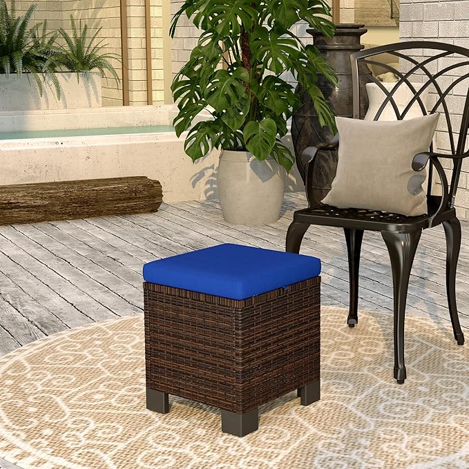Outsunny 2 Pieces Outdoor Patio Ottomans, All Weather Wicker Outdoor Footstools with Removable Cushions, 3-in-1 PE Rattan Ottoman Seat, Footrest and Side Table for Backyard, Poolside, Dark Blue