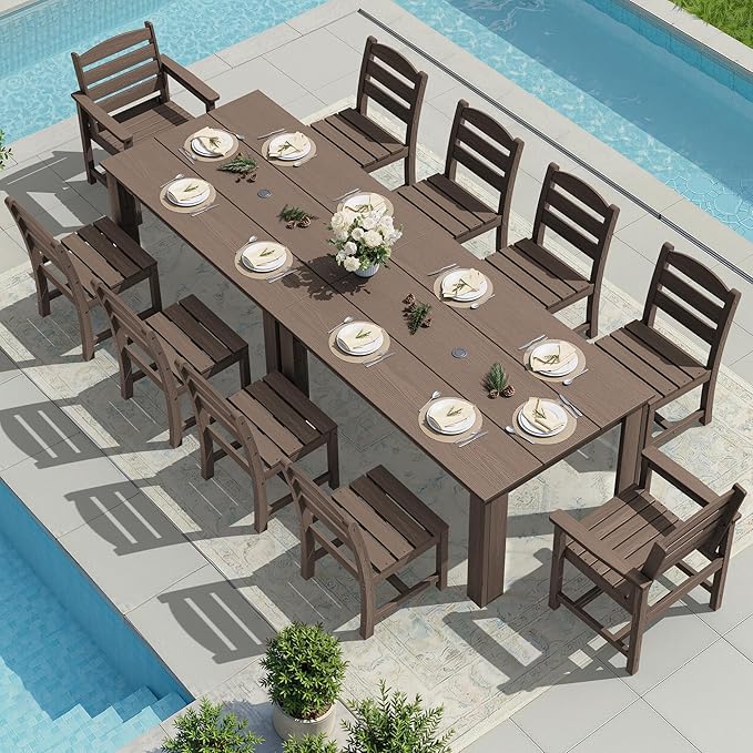 SERWALL Outdoor Dining Sets for 10, HDPE Dining Sets for 10 Person with 2 Rectangular Tables and 8 Armless Chairs and 2 Armchairs, Patio Dining Sets for Garden, Backyard, Poolside, Coffee