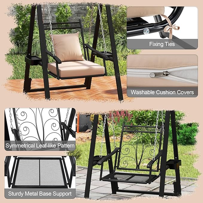 Tangkula Porch Swing with Stand, Outdoor Patio Swing with Heavy-Duty Metal Frame, Removable Cushions, Side Tables, Armrests for Garden, Balcony, Backyard, Poolside