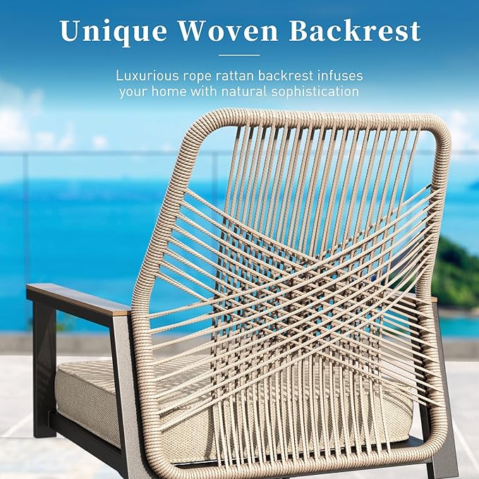 7 Pieces Patio Dining Set, 6 x Woven Rattan Chairs with Waterproof Cushion, 54” Metal Round Dining Table with Umbrella Hole, Outdoor Table and Chairs Set for Backyard Lawn and Deck