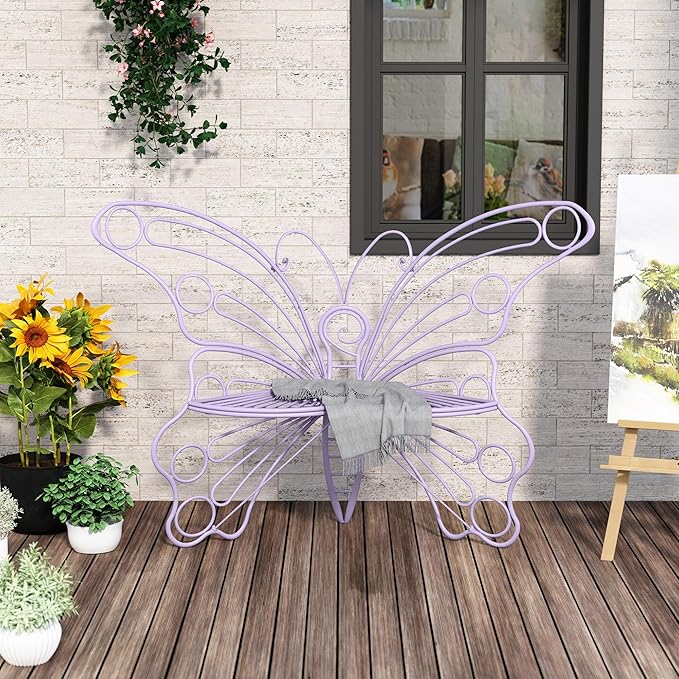 50 Inches Outdoor Bench, Garden Bench with Sturdy Iron Metal Frame, Pretty Butterfly Bench Front Porch Bench for Porch,Lawn,Garden,Yard