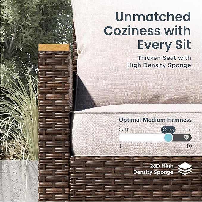 PHI VILLA 4-Piece Curved Patio Furniture Set, Half-Moon Wicker Sectional Furniture Sofa Set for 8 Seats with Cushioned 3 x Curved Sectionals and 2 x Ottoman, Beige