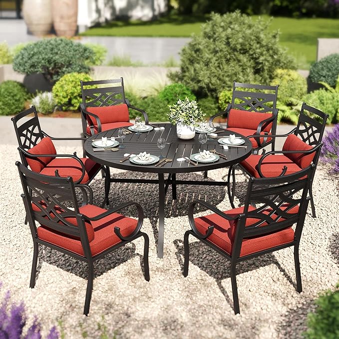 PHI VILLA 7 Pieces Outdoor Dining Set for 6, 54" Round Black Metal Table with Umbrella Hole & Wrought Iron Chairs, Large Outside Furniture with Red Cushions & Pillows for Patio, Deck, Porch