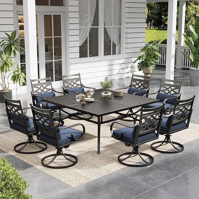 Sophia and William Swivel Outdoor Patio Dining Set for 8, Outdoor Table and Chairs, Removable Seat Cushions, Black 37" Patio Dining Table,Blue