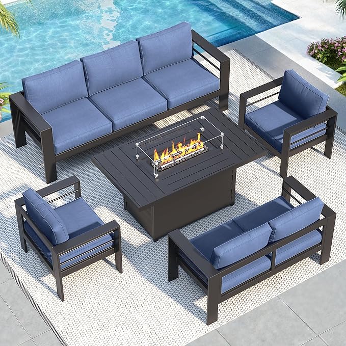 Solaste Aluminum Patio Furniture Set with 55 inch Fire Pit Table, 5 Piece Metal Outdoor Furniture with Water-Resistant Cushion, Modern Patio Conversation Set for Balcony, Front Porch, Backyard, Blue
