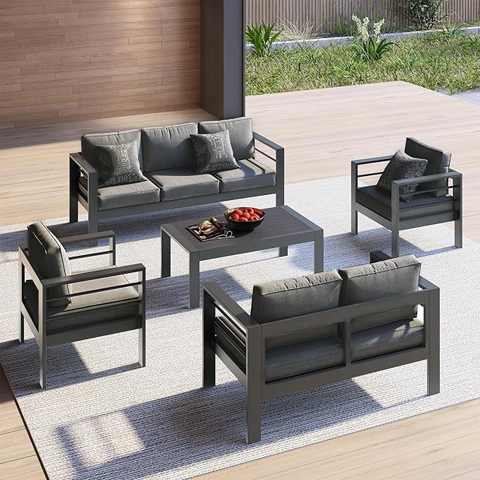 Kiss the Water Outdoor Couch Aluminum Patio Furniture Sofa, 3 Seat All-Weather Metal Patio Couch with 5" Thick and Soft Cushion and Wide Arm, Outdoor Sofa for Balcony, Porch