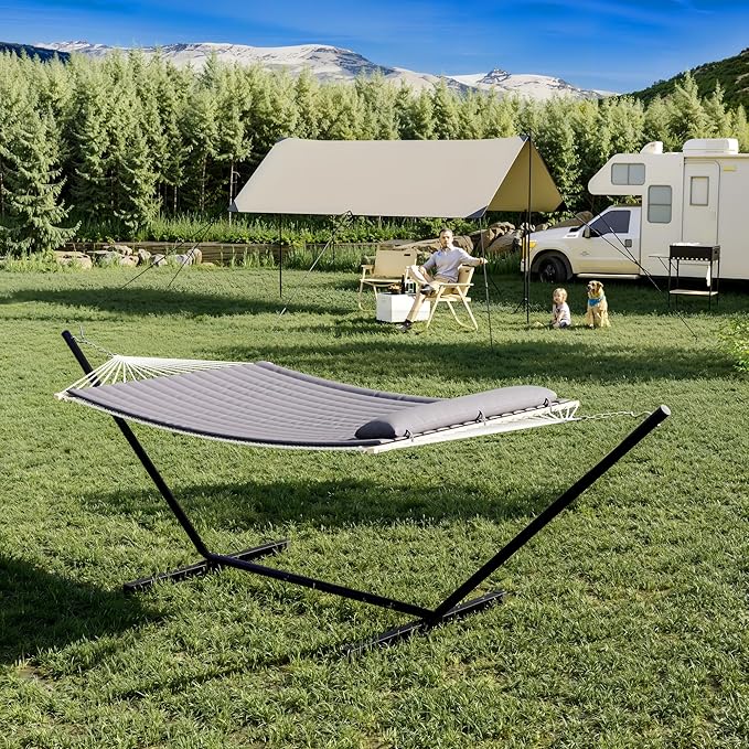 2 Person Outdoor Hammock with Stand, Portable Hammock, Heavy Duty Hammock with Soft Pillow, Balance Ropes, for Patio, Backyard, Garden, Beach, Gray