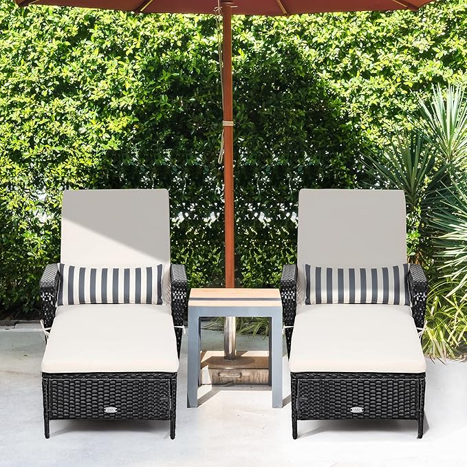 Tangkula Wicker Chaise Lounge Outdoor Set of 2, Patio Rattan Reclining Chaise with 6-Gear Adjustable Backrest, Thick Padded Cushion & Removable Lumbar Pillow, Pool Lounge Chairs for Outside Balcony