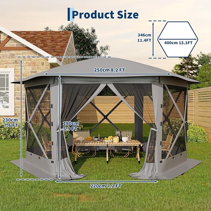 13x13FT 6-Sided Pop Up Gazebo Tent，One-Push Setup Canopy Tent with Removable Canopy Top & Wind Cloths, Outdoor shelter for Camping, Backyard Parties, Outdoor Events - Grey