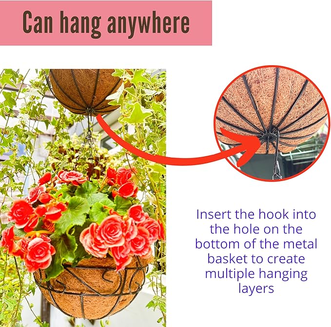 LaLaGreen Hanging Planter for Outdoor Plants (14 Inch, 4 Pack) Hanging Baskets with Coco Liner, Black Metal Wire Flower Basket Pots with Hook Hanger Balcony Porch Farmhouse Country Style Garden Decor