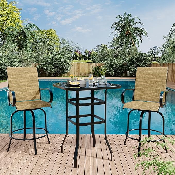 GarveeLife 2 Piece Outdoor Swivel Bar Chairs, Patio High Swivel Bar Stools, All Weather High Back and Armrest Patio Chairs, Outdoor Rotating BarChair Counter Height for Deck Lawn Garden Backyard