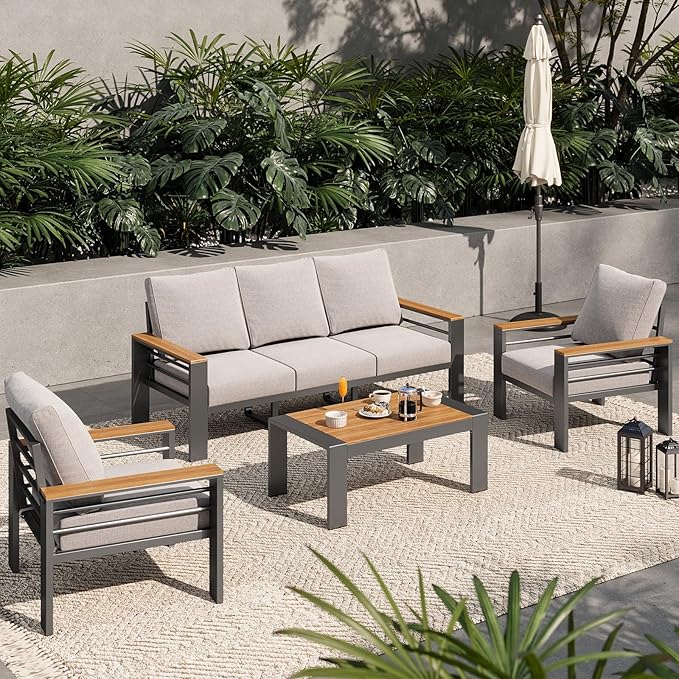 Aoxun Aluminum Outdoor Patio Furniture Set, 5 Seats Outdoor Sectional with Coffee Table, Patio Conversation Sets with Upgraded Armrests and Cushions for Backyard, Garden and Poolside（Grey）