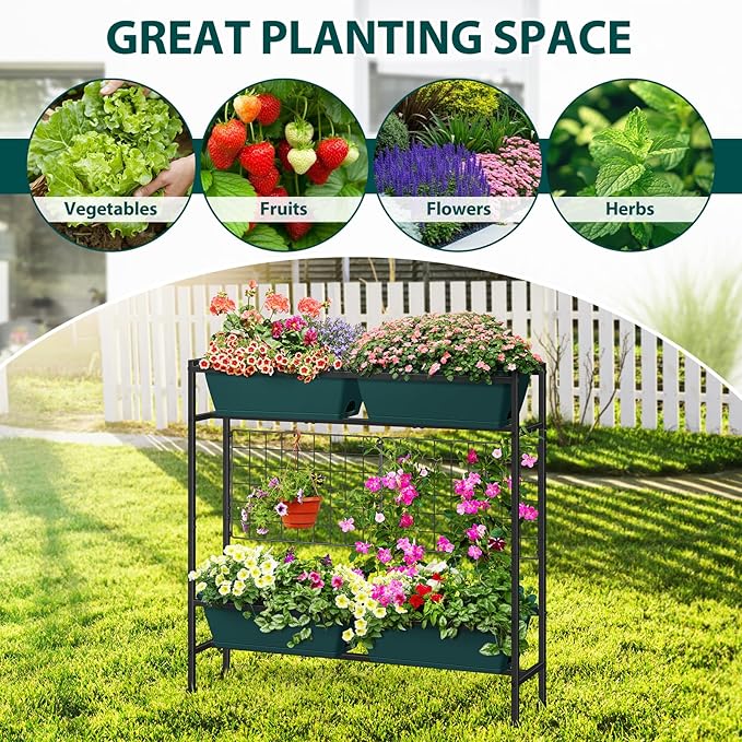 OYEAL Raised Garden Bed with Legs & & Trellis 32" Tall Vertical Herb Garden Planter Indoor Outdoor Elevated Flower Beds for Gardening, Vegetables, Herbs, Patio, Balcony, Backyard, Green