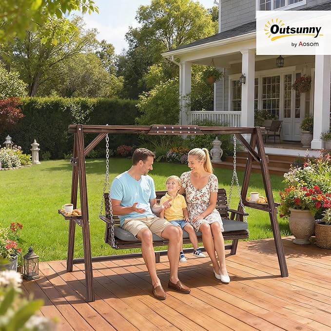 Outsunny 3 Seat Porch Swing with Stand, Wooden Patio Swing Chair with Cushion, Side Trays and Metal Chains, Outdoor Bench for Garden, Poolside, Backyard, Carbonized Brown