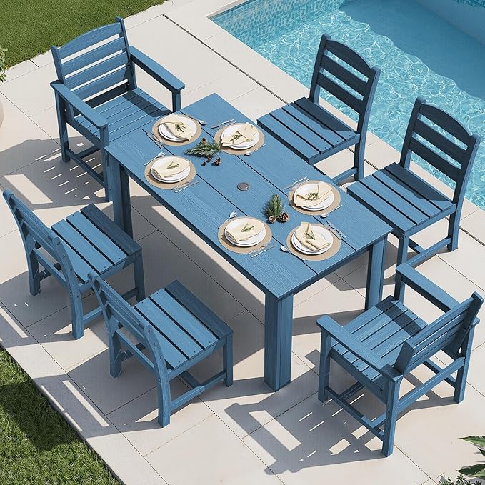 SERWALL Outdoor Dining Sets for 6, HDPE Dining Sets with 1 Umbrella Hole Cut-Out Rectangular Table and 4 Armless Chairs and 2 Armchairs, Patio Dining Sets, Blue