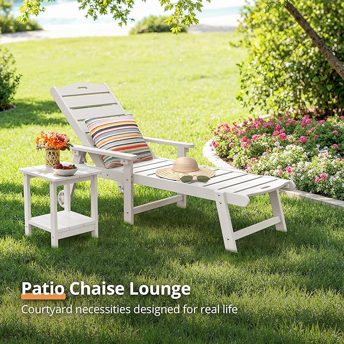 LUE BONA Chaise Lounge Chair with Table, 3-Piece, HDPS Chaise Lounger, 5 Positions Adjustable Lounge Chairs, Pool Lounge Chair with Wheels for Poolside, Backyard, White