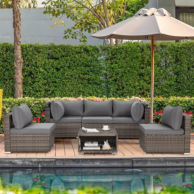 Vicluke 6 Pieces Patio Furniture Sets Outdoor Sectional Sofa Set Rattan Daybed with Retractable Canopy, Adjustable Backrest, Storable Tea Table Rectangle Sunbed for Backyard Garden Poolside(Grey)