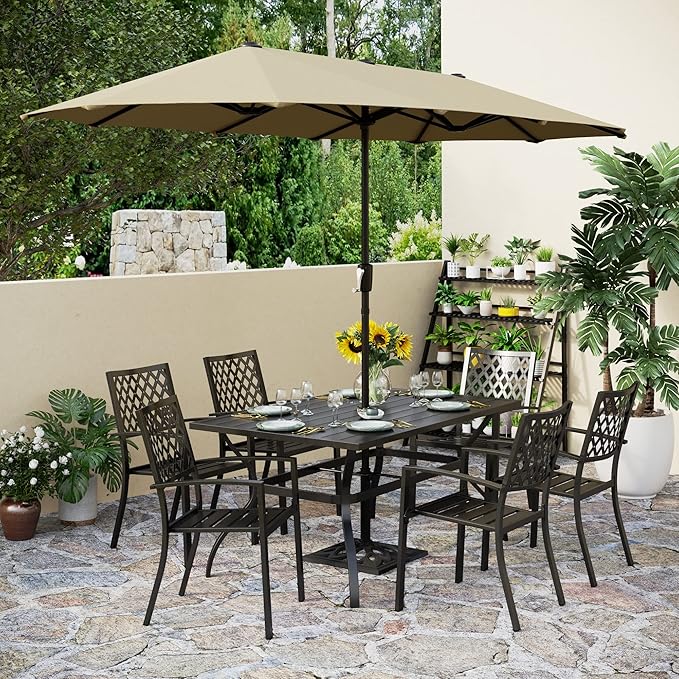 PHI VILLA 8 Piece Patio Dining Set with 13ft Double-Sided Patio Umbrella(Beige),Metal Outdoor Table Furniture Set with 6 Outdoor Stackable Chairs, 1 Rectangle Dining Table and 1 Large Beige Umbrella