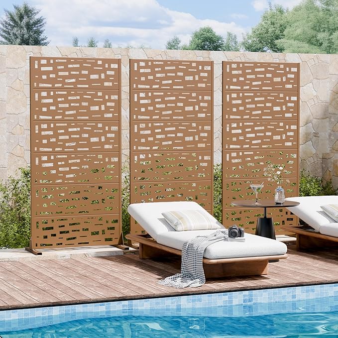 Casaphoria Metal Privacy Screen Outdoor, 72" H x 35" W Freestanding Decorative Privacy Screen for Patio Deck Balcony Garden with Stable Base, Brown-Geral
