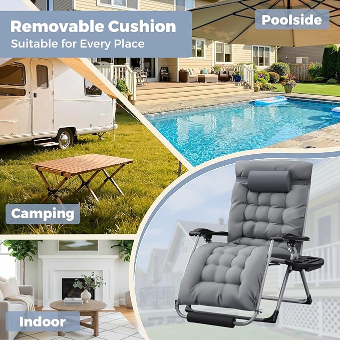 Homall Oversized Zero Gravity Chair, 32In Recliner Lounge Chair with Removable Soft Cushion and Cup Holder, Adjustable Anti Gravity Chair Folding Patio Chairs Padded for Indoor and Outdoor, Grey