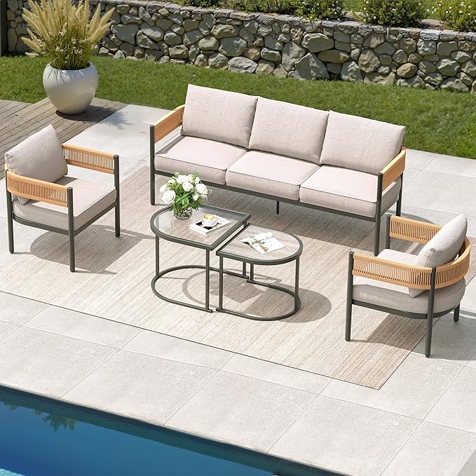 Grand patio 5-Piece Outdoor Furniture Set, 5 Seats Wicker Sofa Conversation Set with 3-Seat Couch, Thick Cushions and Coffee Table, for Backyard, Balcony, Garden (Natural)