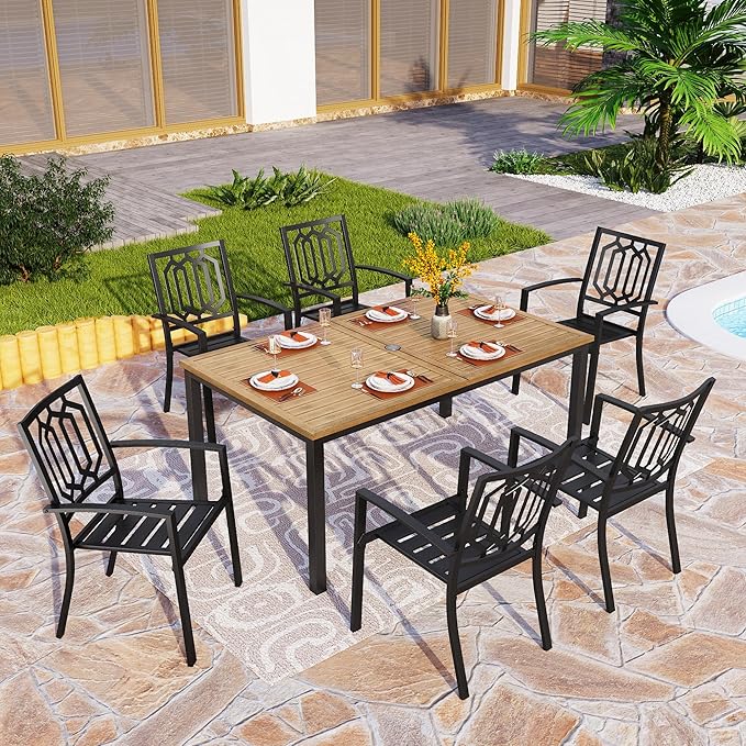 PHI VILLA 7 Pieces Outdoor Dining Set for 6, 65” Brown Wood-Like Metal Steel Table & Stackable Iron Chairs, Heavy-Duty Outside Furniture with Umbrella Hole for Patio, Deck, Yard, Porch