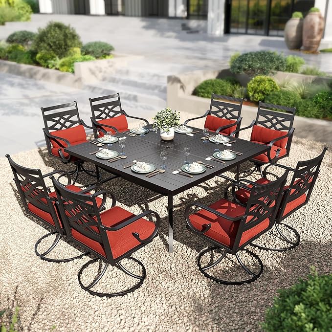 PHI VILLA 9 Pieces Outdoor Dining Set for 8, 60" Square Metal Table with Umbrella Hole & Wrought Iron Swivel Chairs, All Weather Outside Furniture with Red Cushions & Pillows for Patio, Deck, Porch